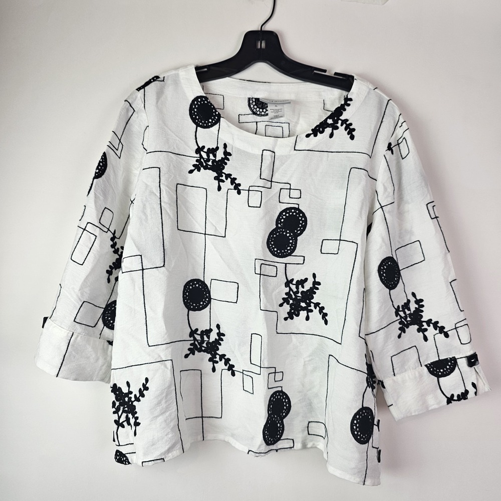 Alfred Dunner Womens White Black Lagenlook Resortwear LS Top PL Vacation Cruise